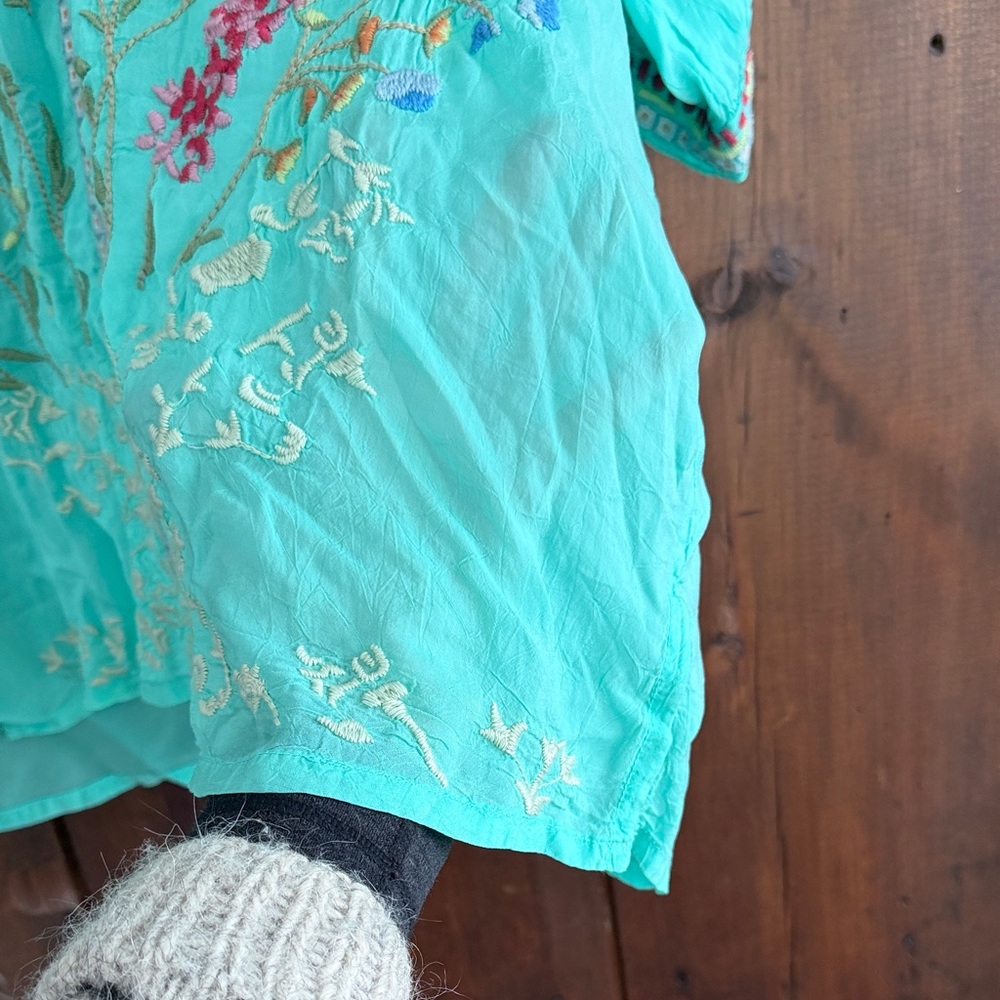 Johnny Was Aqua Floral Embroidered Blouse - Picture 4 of 5